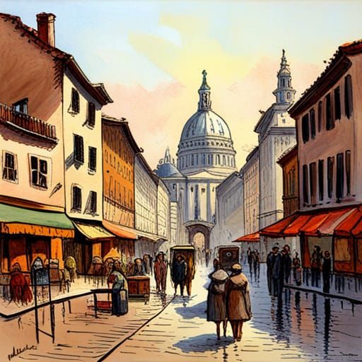 Futuristic Steampunk Scene in Colorful Painting Style