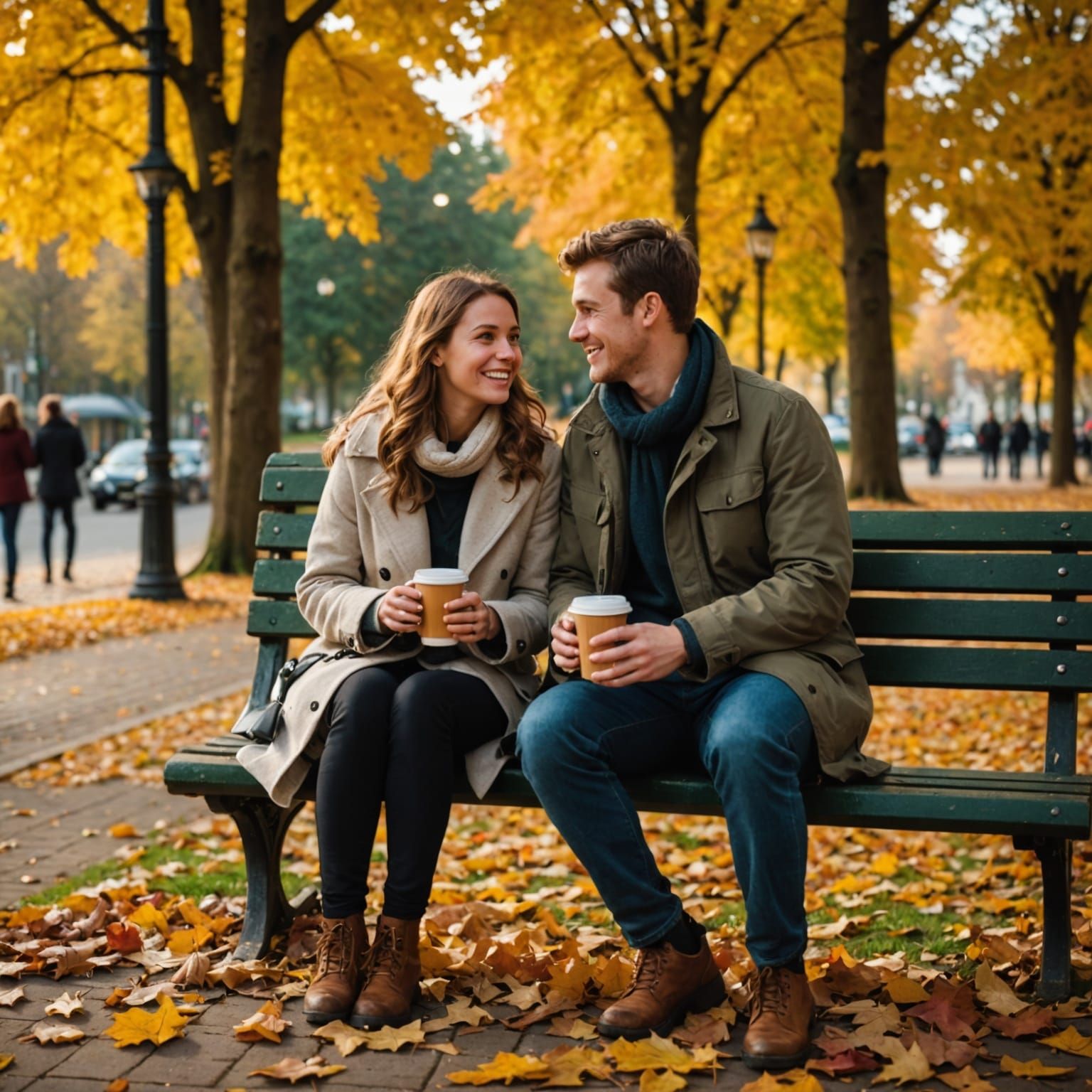 Couple Enjoying an Autumn Evening on Park Bench