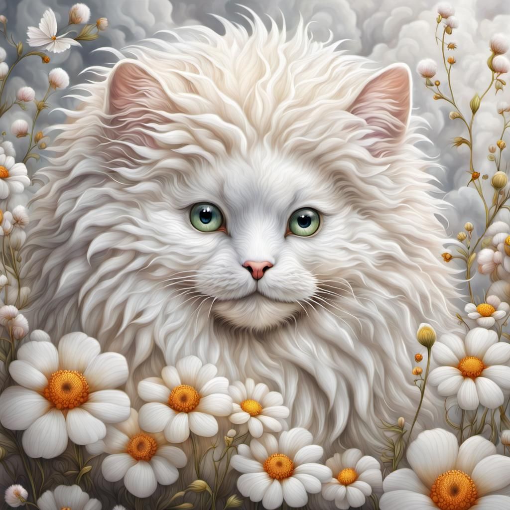 Fluffy Creature in Cream Marble Garden, Digital Art