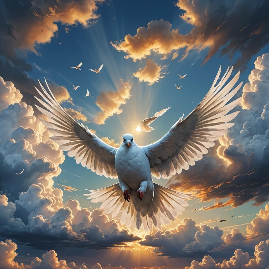 Dove Spreading Wings in Dreamlike Sky, Digital Painting