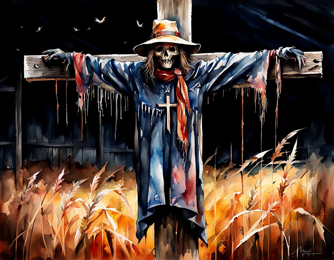 Scarecrow on a Cross in Watercolor Style