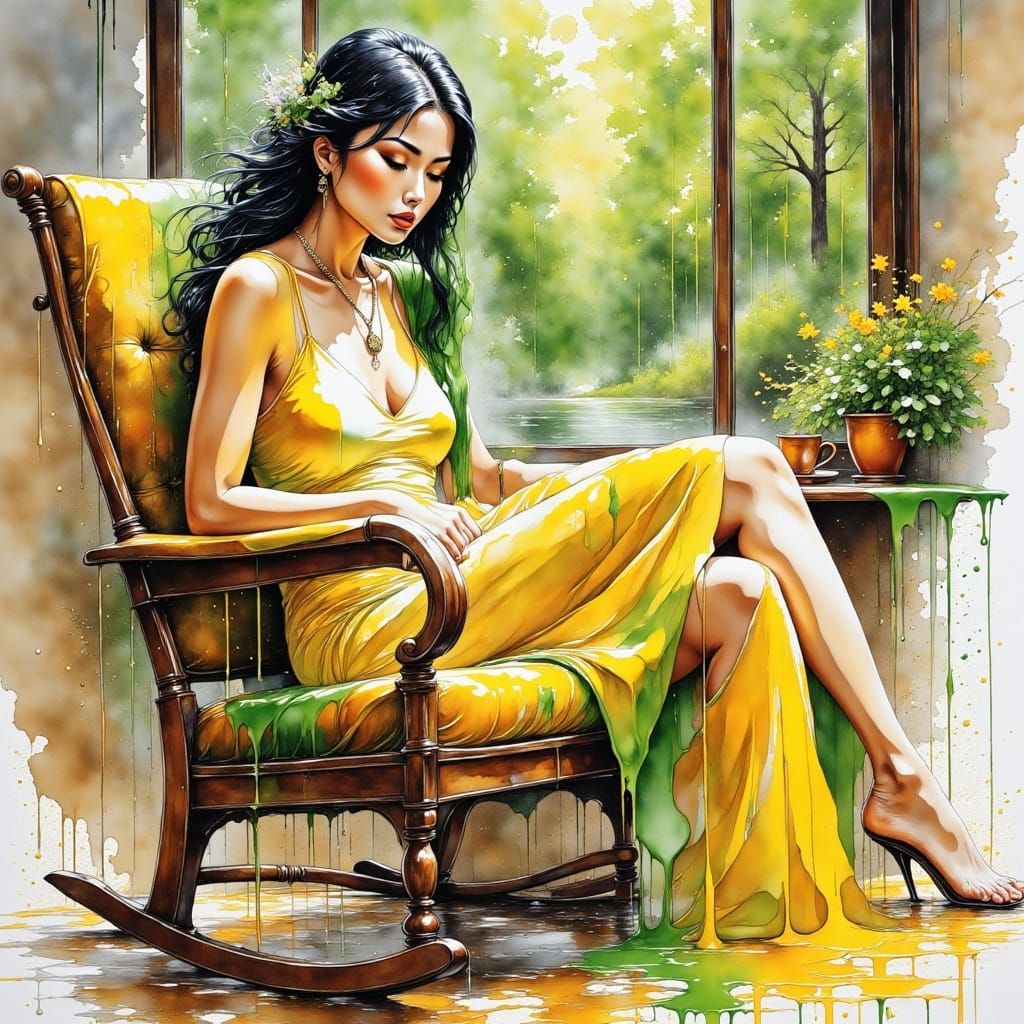 Woman in Yellow Dress in Forest View, Watercolor Style