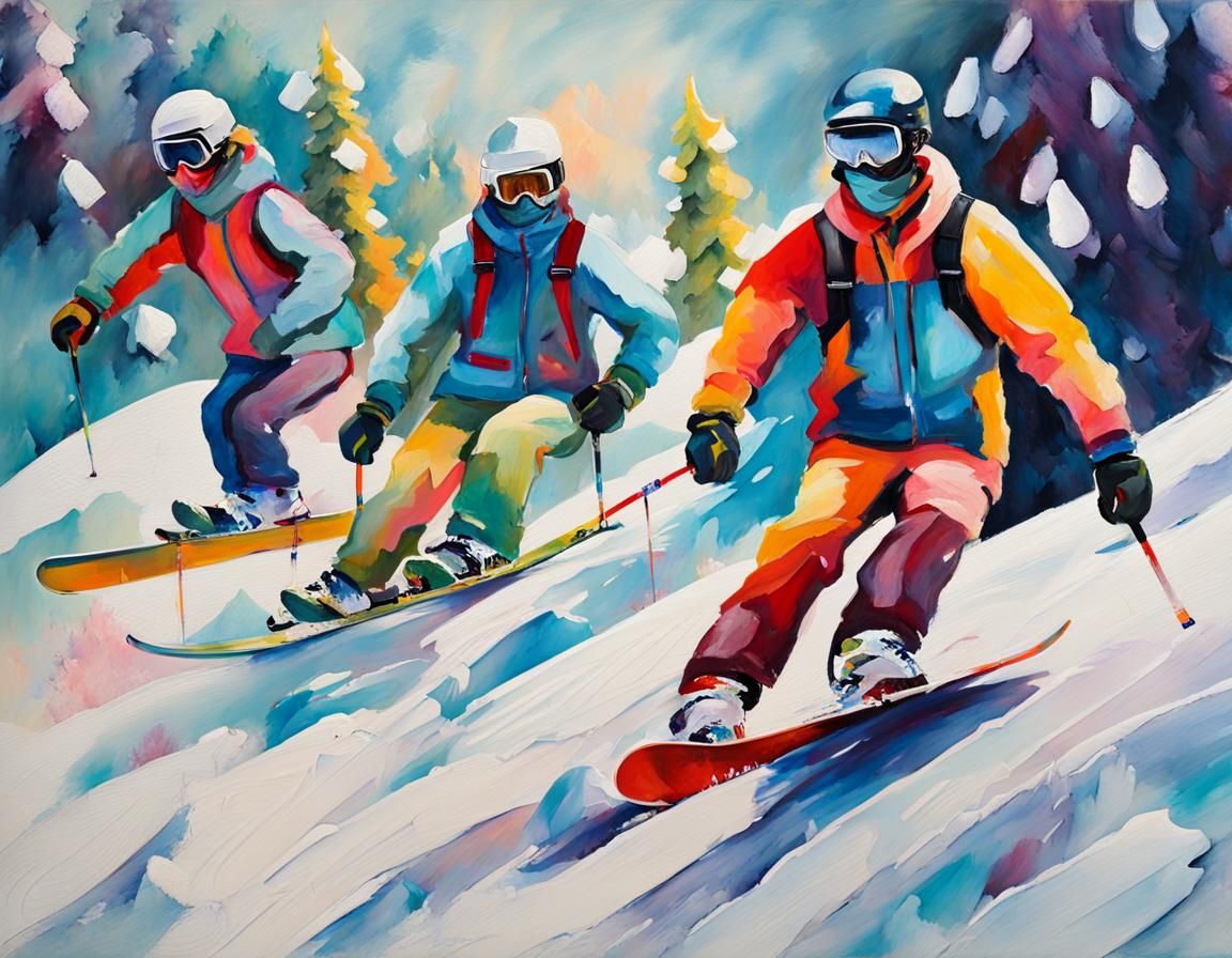 Skiers in Gouache Style Abstract Winter Painting