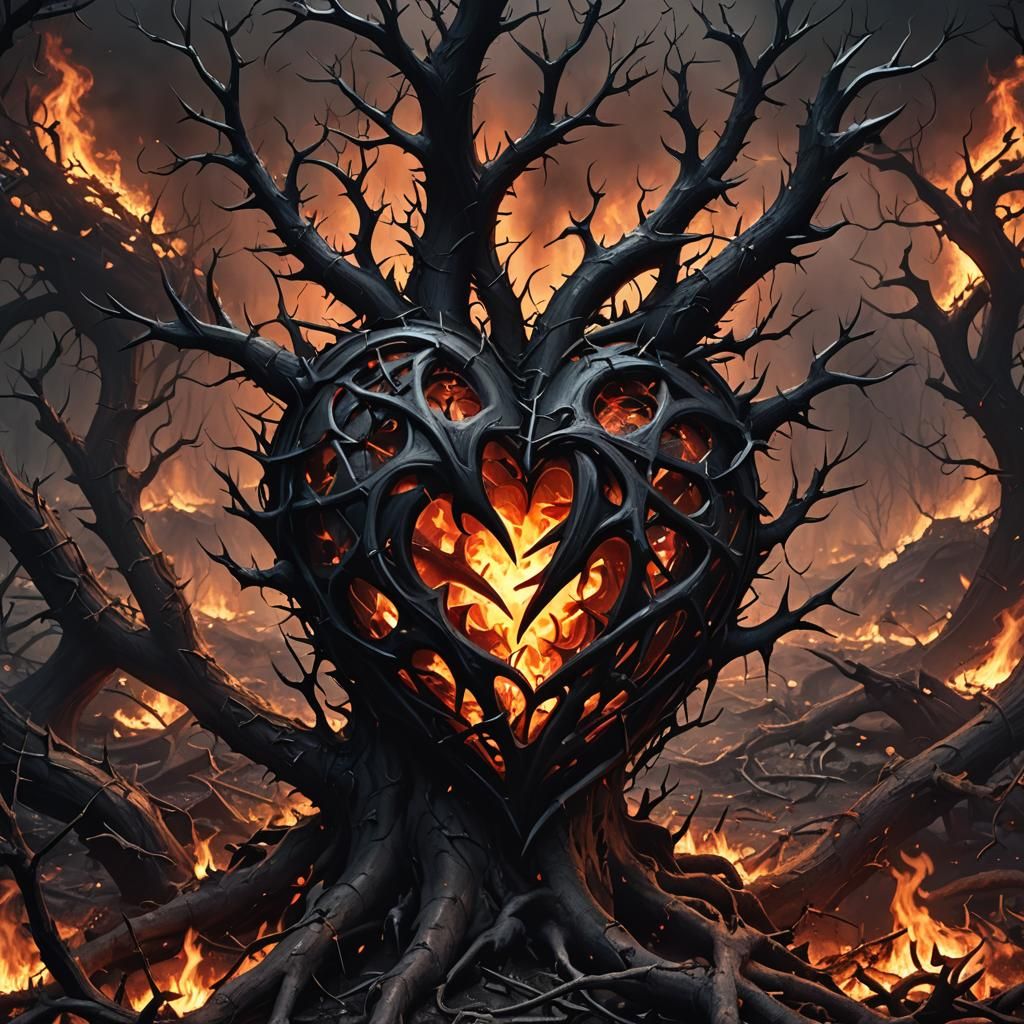 Burning Broken Heart in Hell: Dark Fantasy Illustration