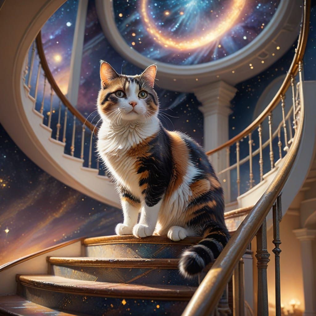 Calico Cat's Planetarium Adventure in Painterly Style