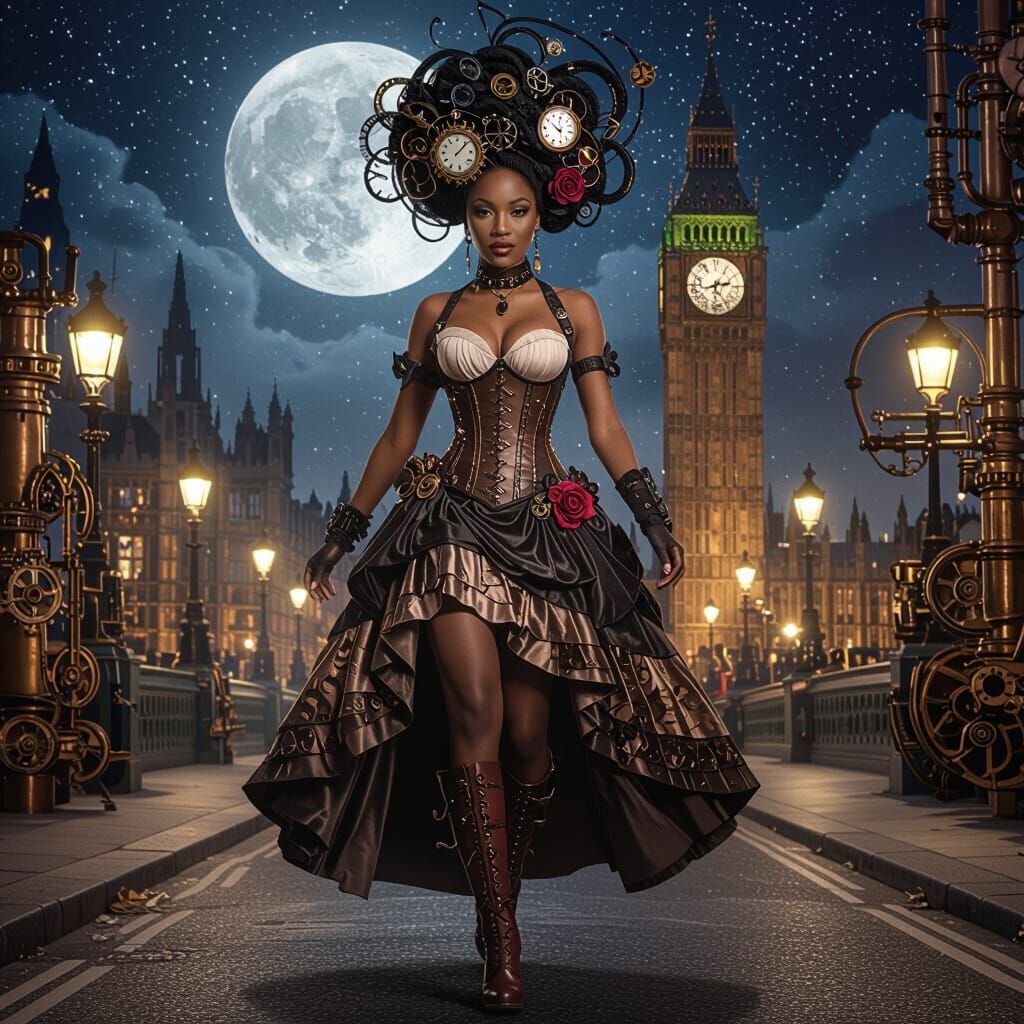 Steampunk Woman's Night Walk by Big Ben