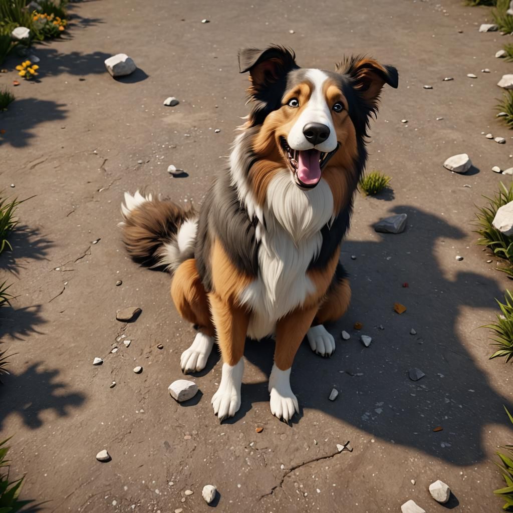 Cuddly Collie Dog in 3D Game Cinematic Style