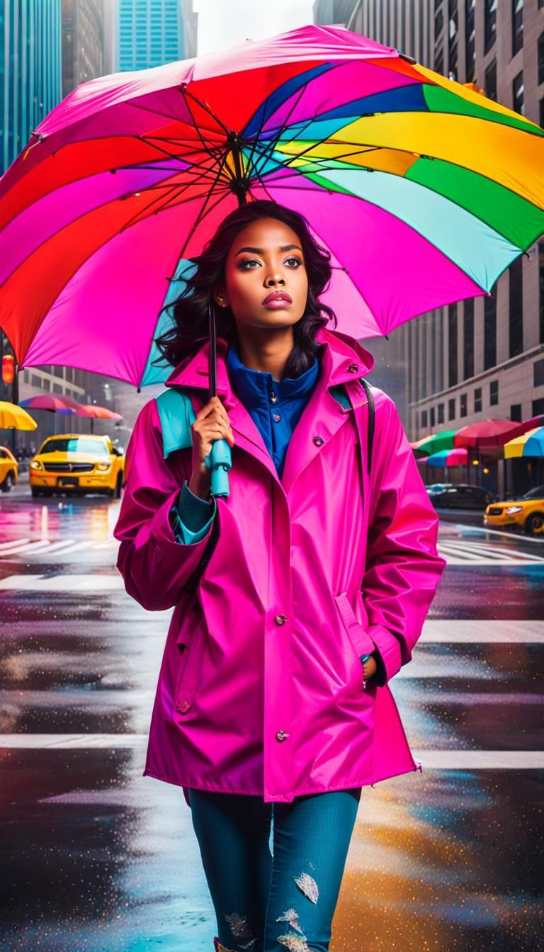 Woman in Pink Raincoat in Pop Art Style