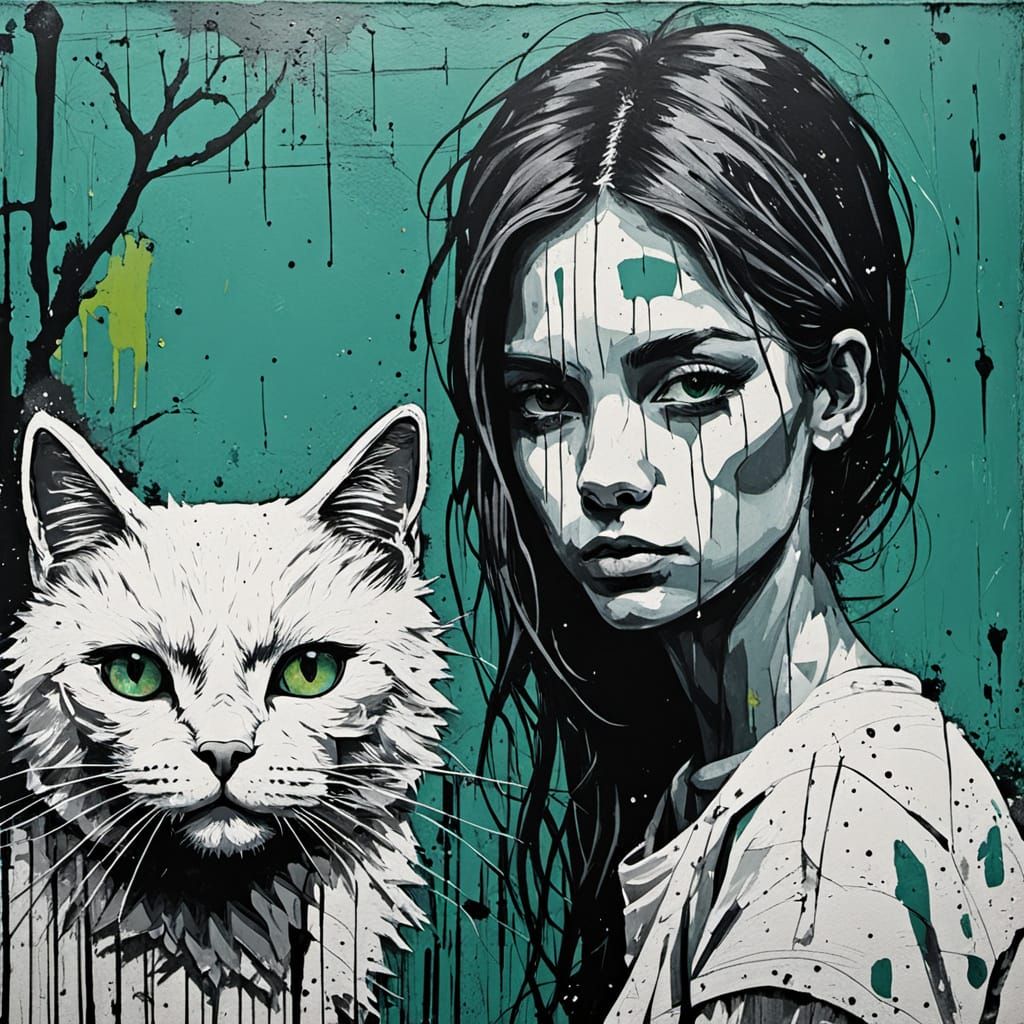 Girl & White Cat on Fence in Neo-Expressionist Style