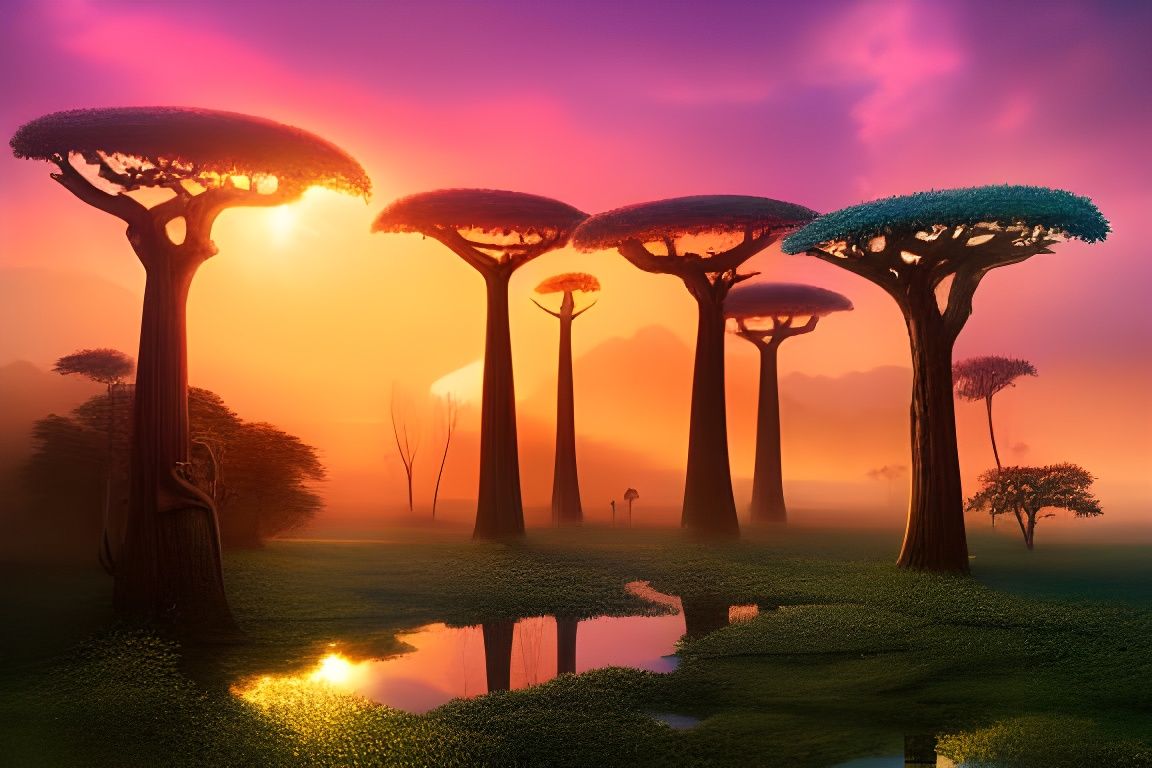Baobab Trees Reflected at Sunset: Hyperdetailed Fantasy Art