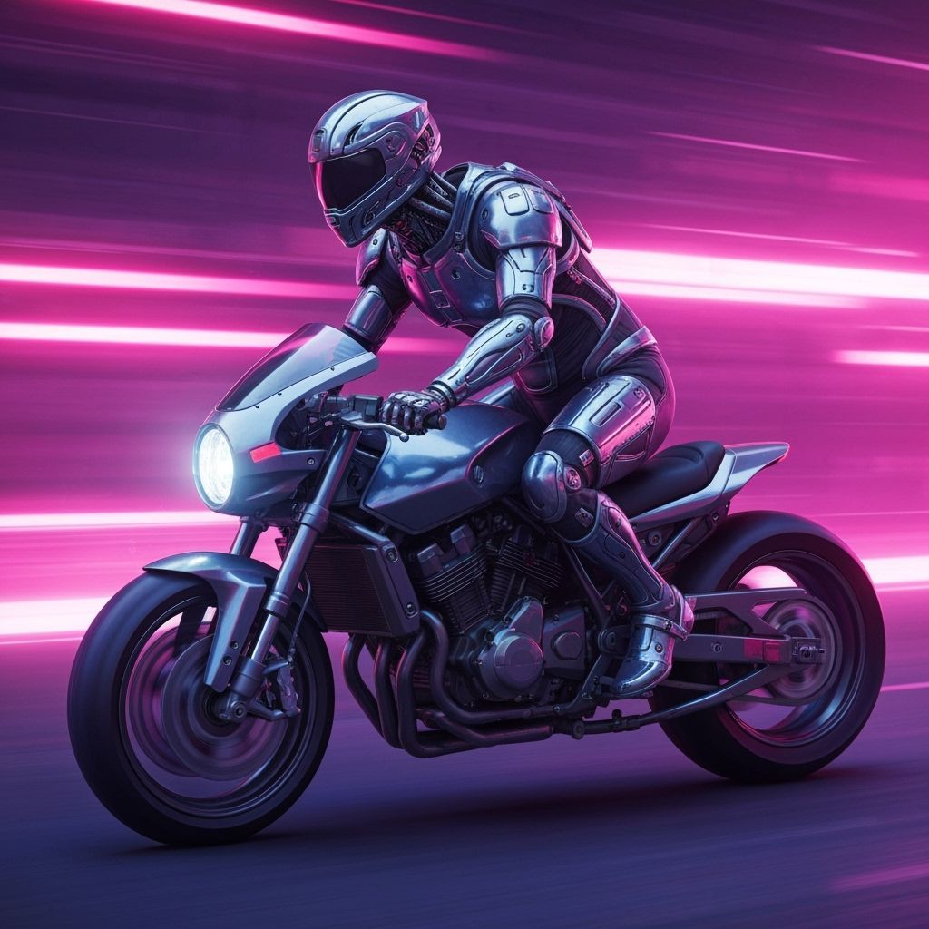 Cyborg Rider on Neon Bike in Cyberpunk Style