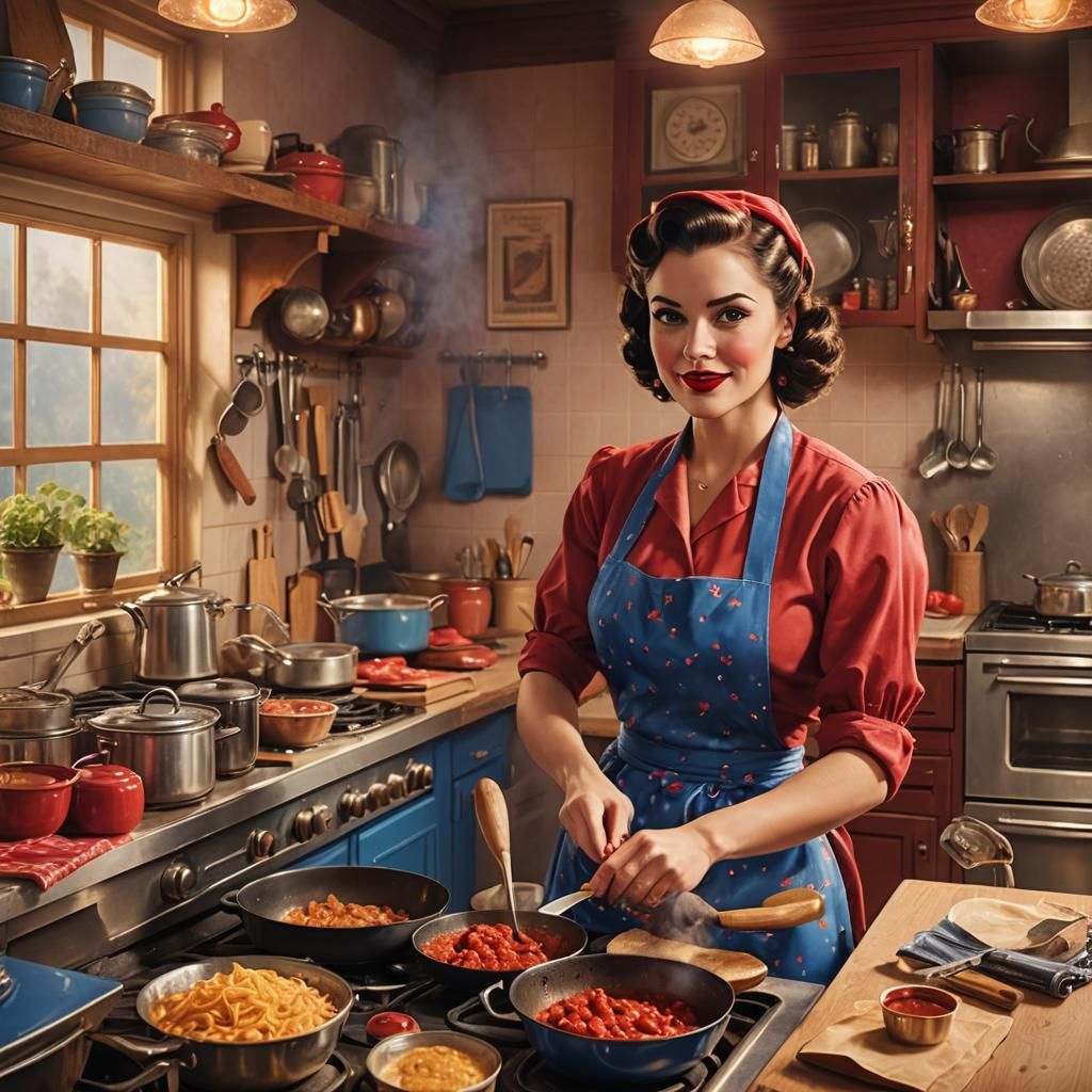Tradwife in Kitchen, American Pinup Poster Style