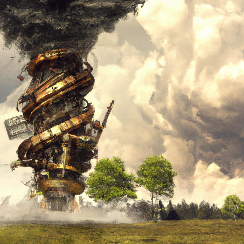 Steampunk Mechanical Tornado Over Farmland