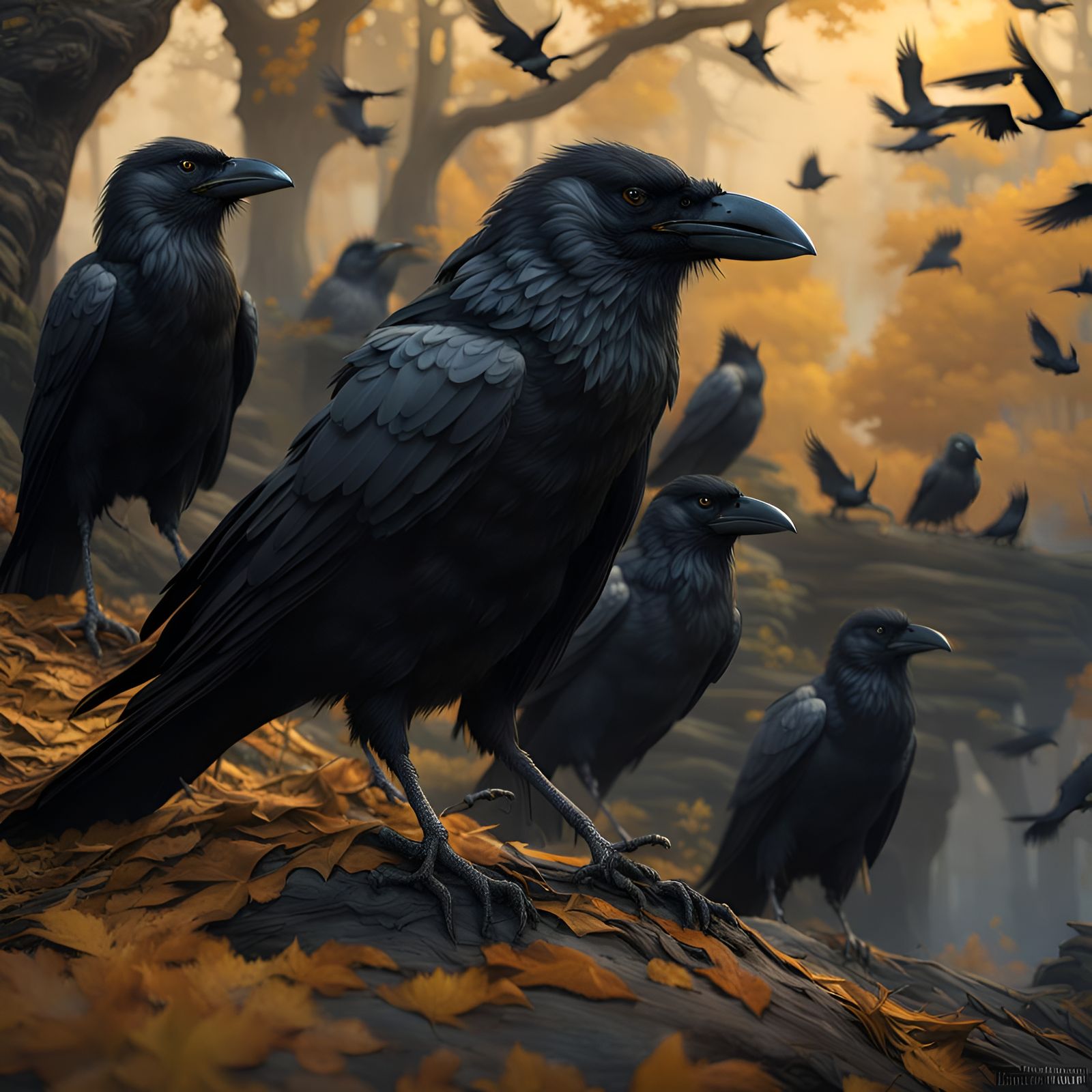 Flock of Crows in Dark Fantasy Landscape