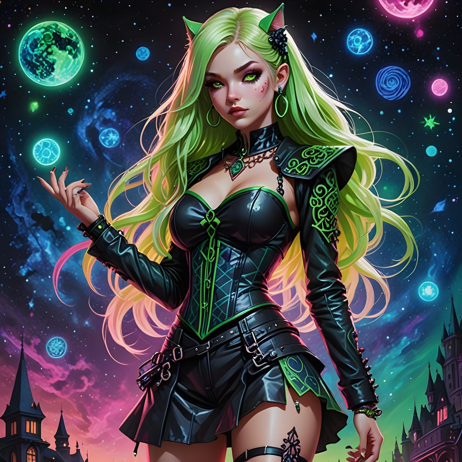 Hyperrealistic Catgirl in Gothic Cosplay with Cosmic Backdro...