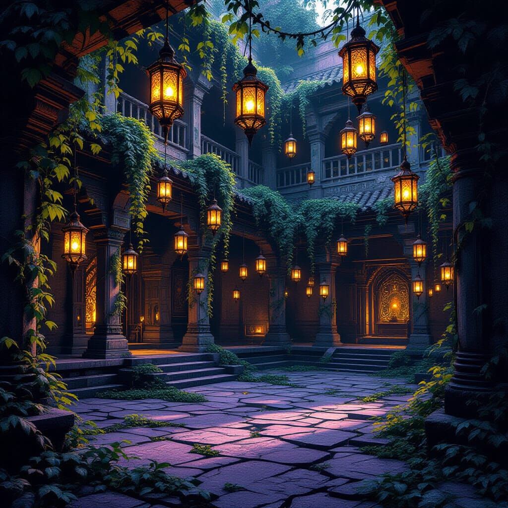 Magical Overgrown Temple Courtyard with Lanterns