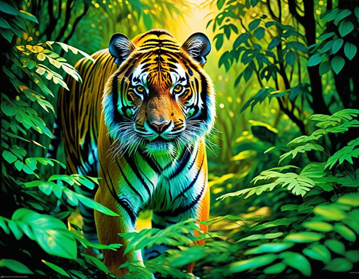 Tiger Prowls Rainforest in Golden Light