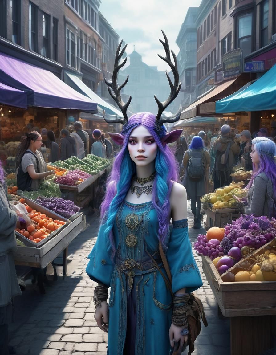 Elven Antlered Shoppers at Bustling Farmers Market