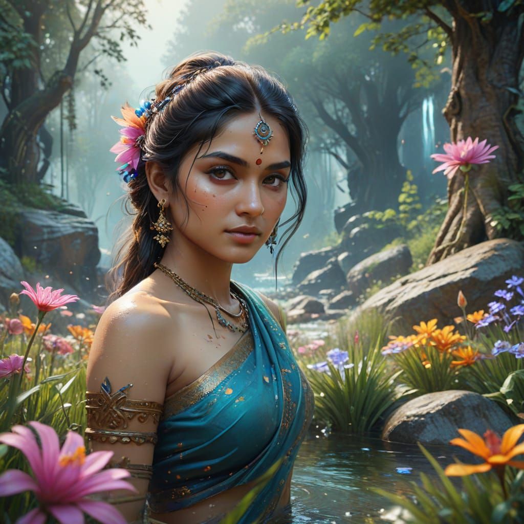 Indian beautiful young girl in nature, she wear saree, [ensure clear face] rocks, water flow, grass, flowers, plants, tr...