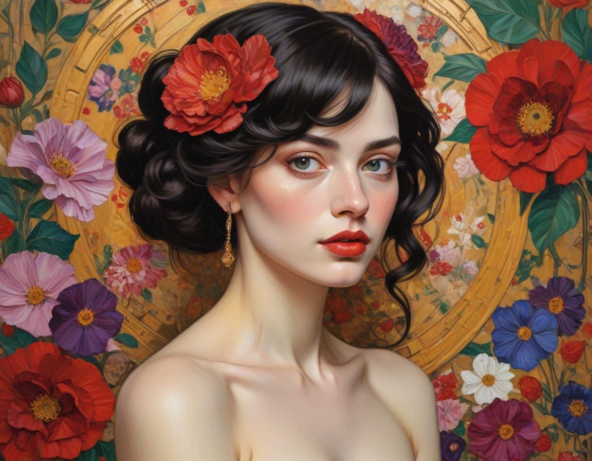 Confident Young Woman in Elegant Hairpiece, Rich Golds and P...