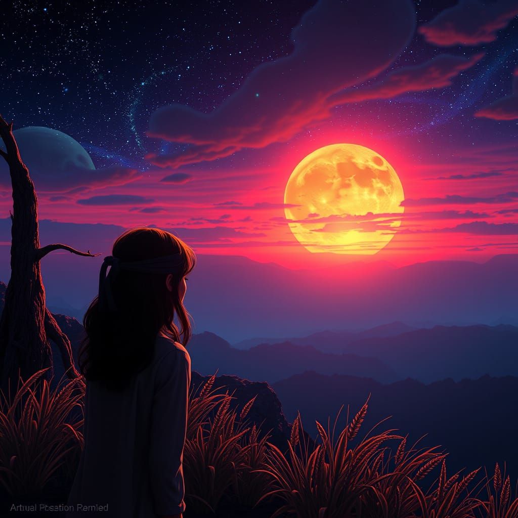 Ethereal Sunset Girl Contemplates the Cosmos