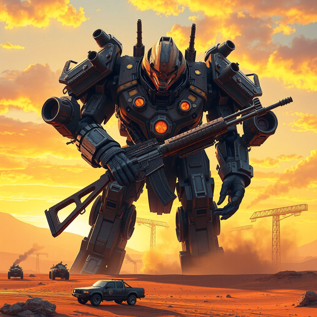 Biomechanical War-God Roaming Desert Battlefield