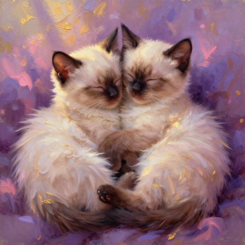 Two Fluffy Siamese Kittens Hugging in Warm Sunlight