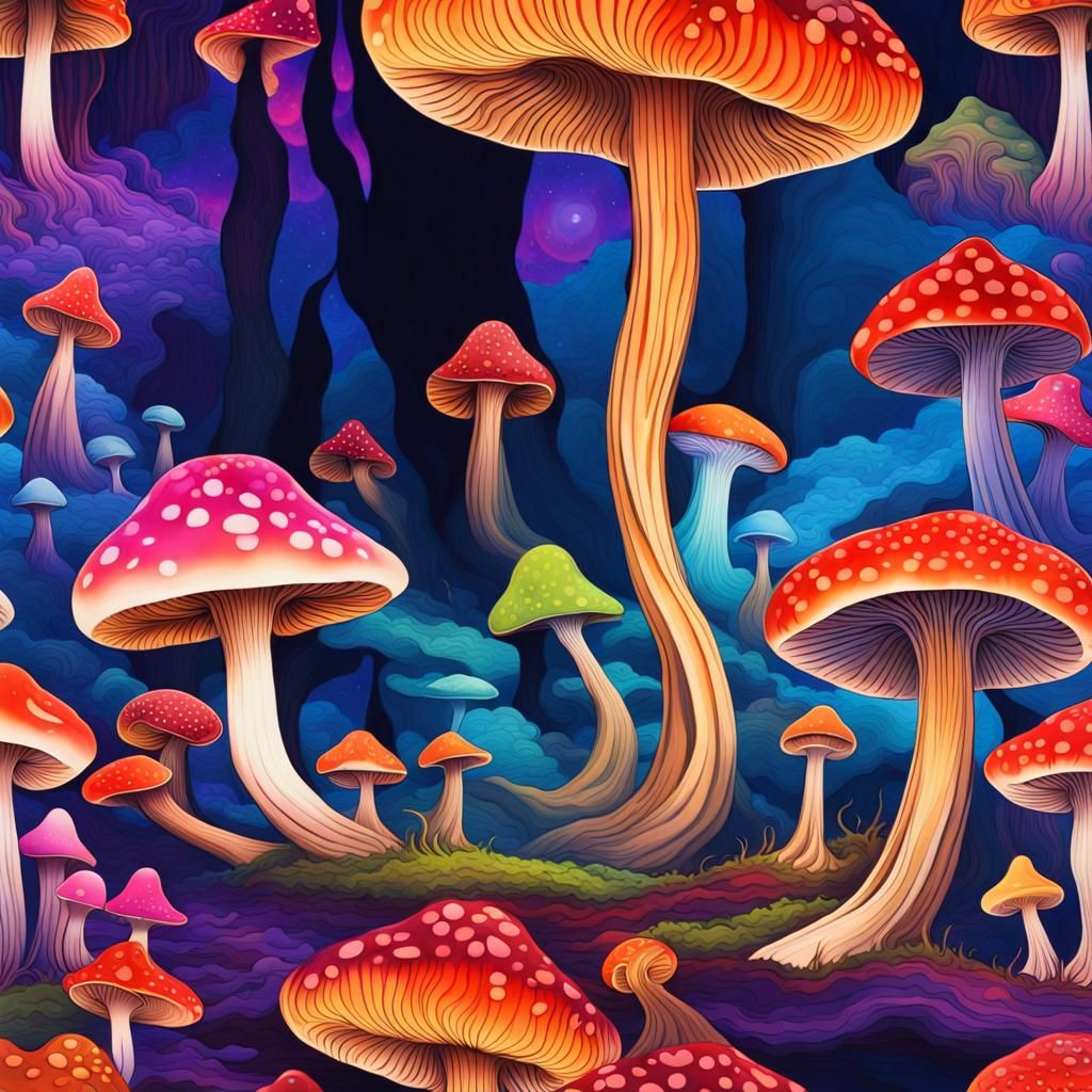 Psychedelic Mushroom Landscape with Abstract Elements
