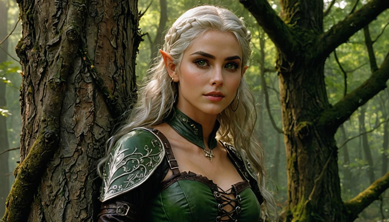 Alluring Elf in Eerie Forest, Hyperrealistic Digital Art