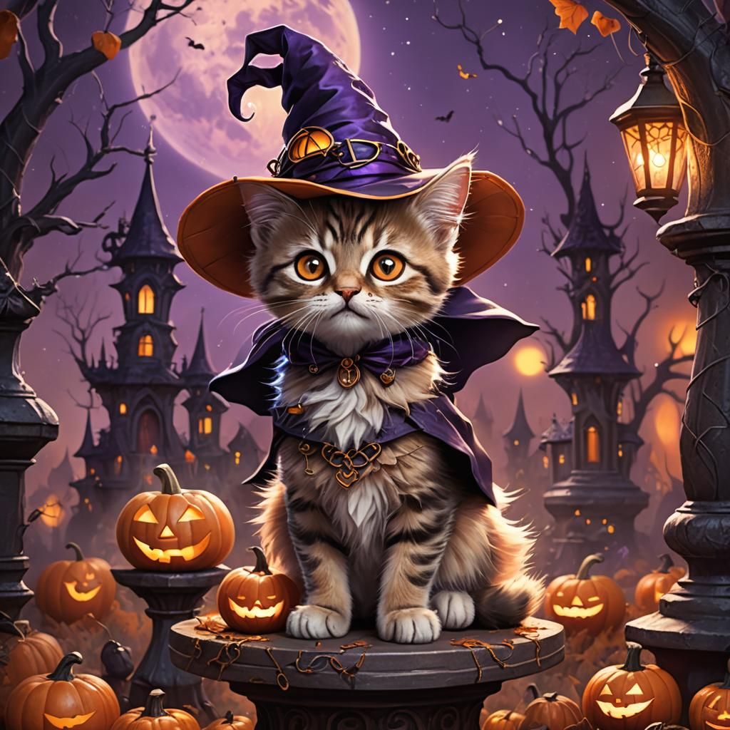 Halloween Kitten in Witch Costume: Fantasy Art