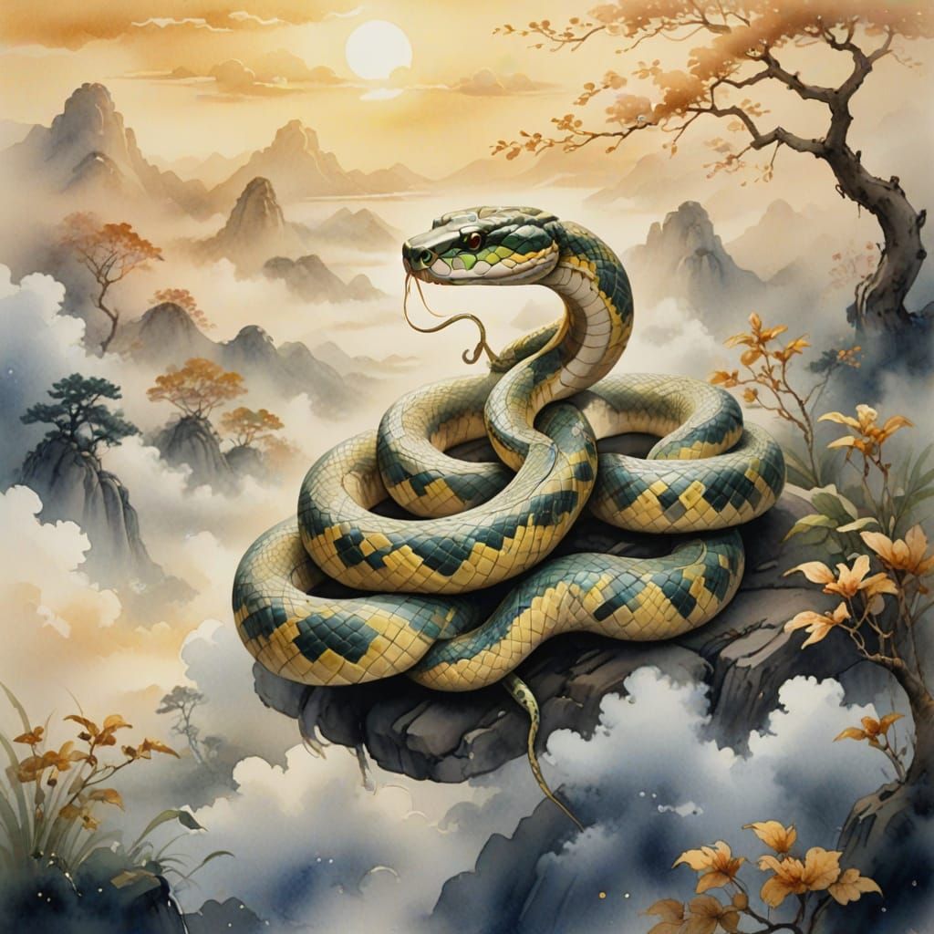 Majestic Snake Ascends Amidst Heavenly Clouds in Traditional...
