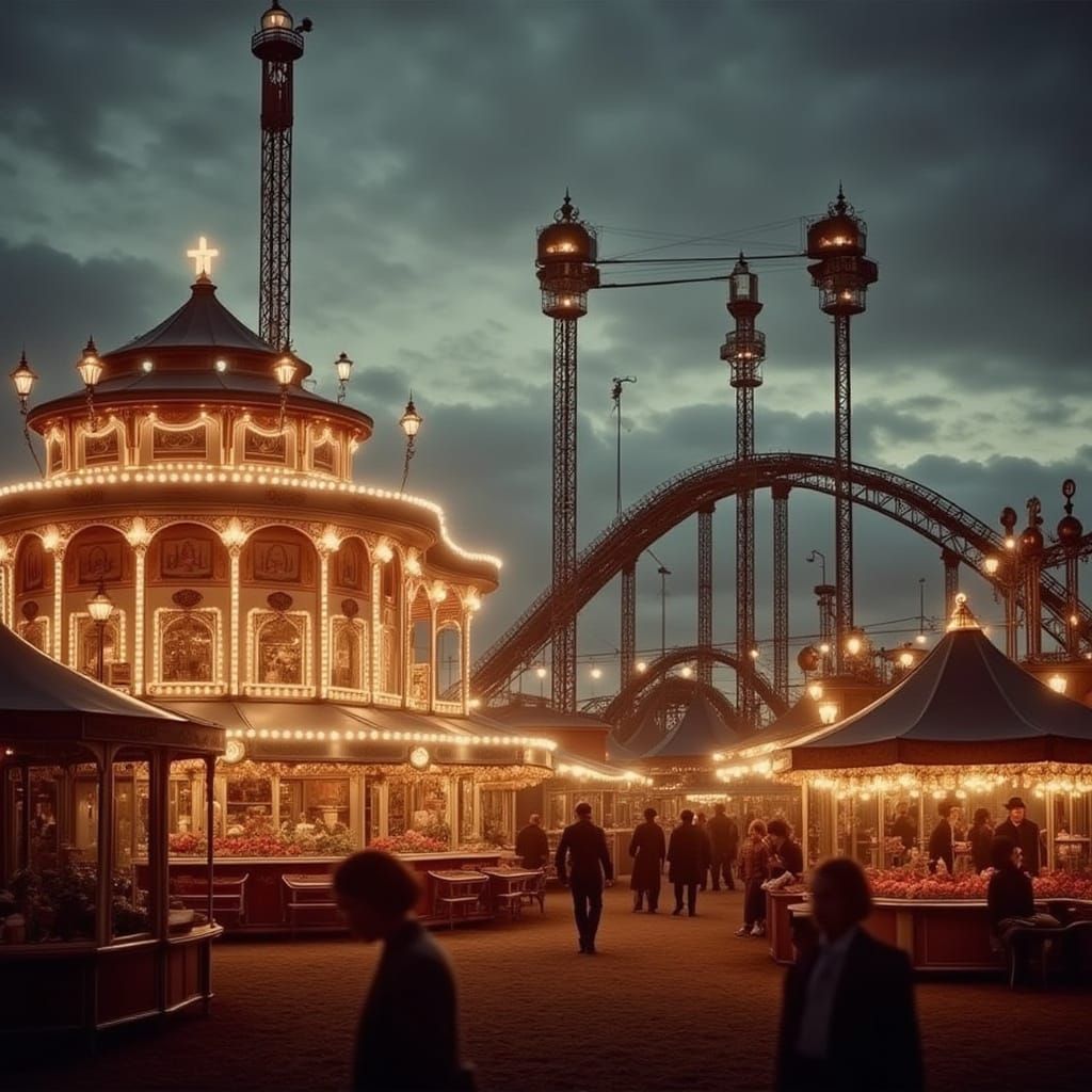 Vintage Carnival at Dusk in 1890s Photographic Style