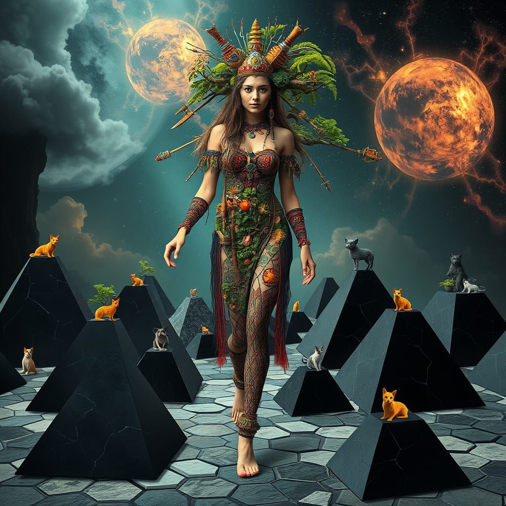 Mystical Woman Walking on Pyramids: Bio-Art Collage