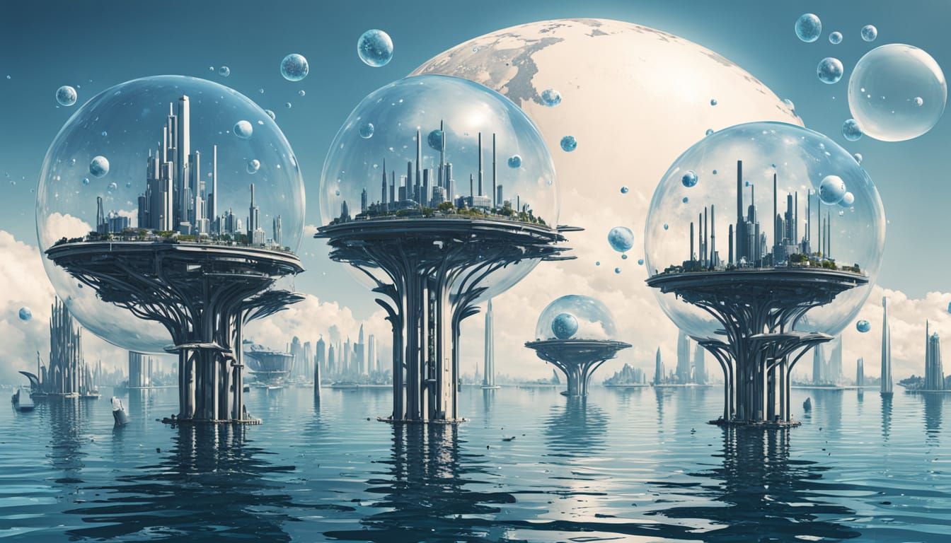 Futuristic Alien Cities Floating on Water Planet