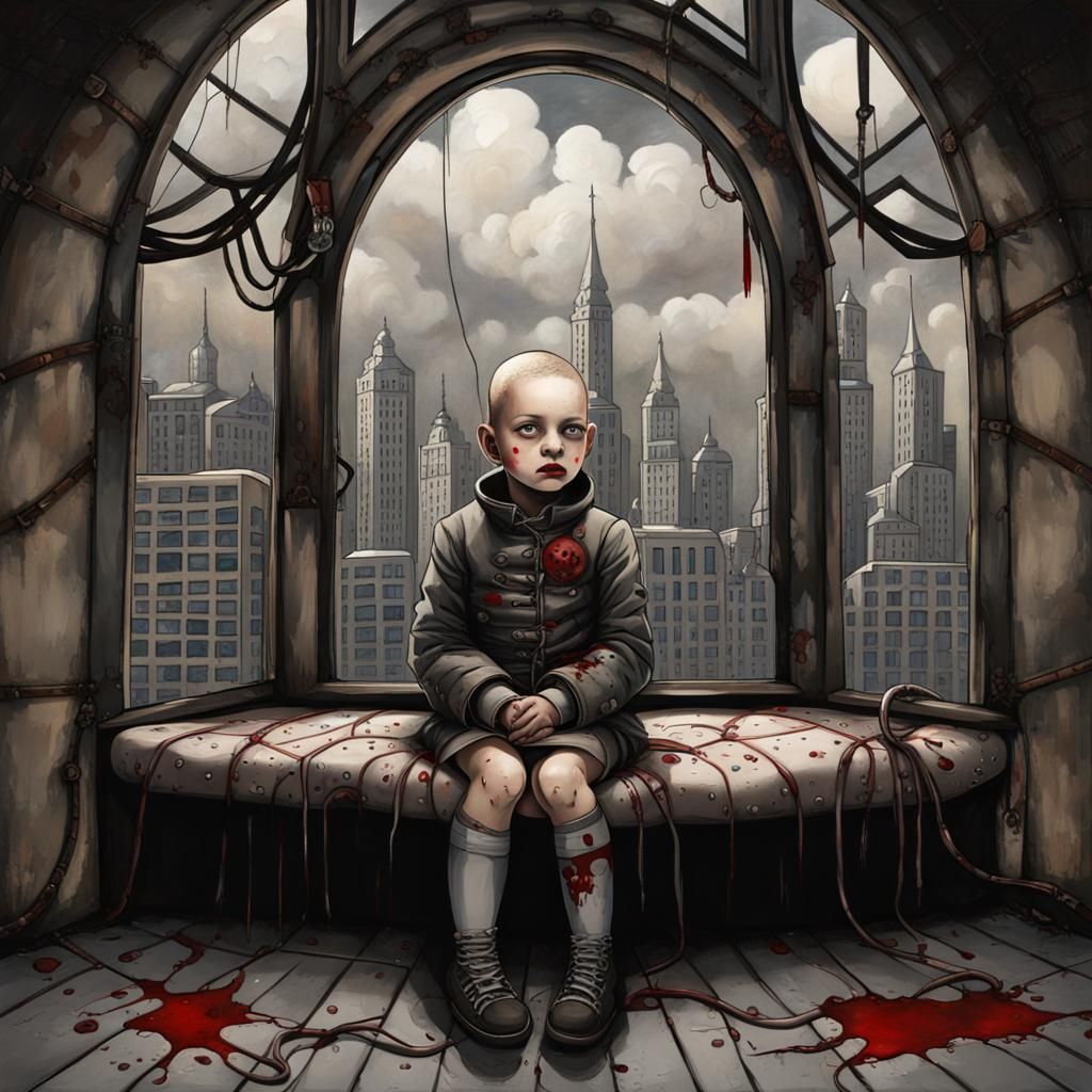 Gothic Steampunk Girl in Asylum with Cityscape View