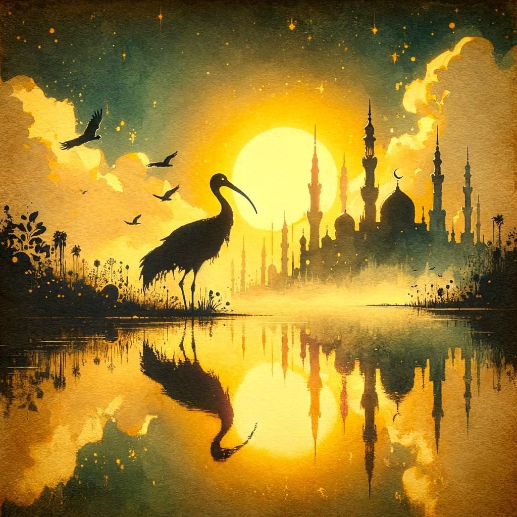 Ethereal Sunrise Over Middle-Eastern River with Ibis Silhoue...