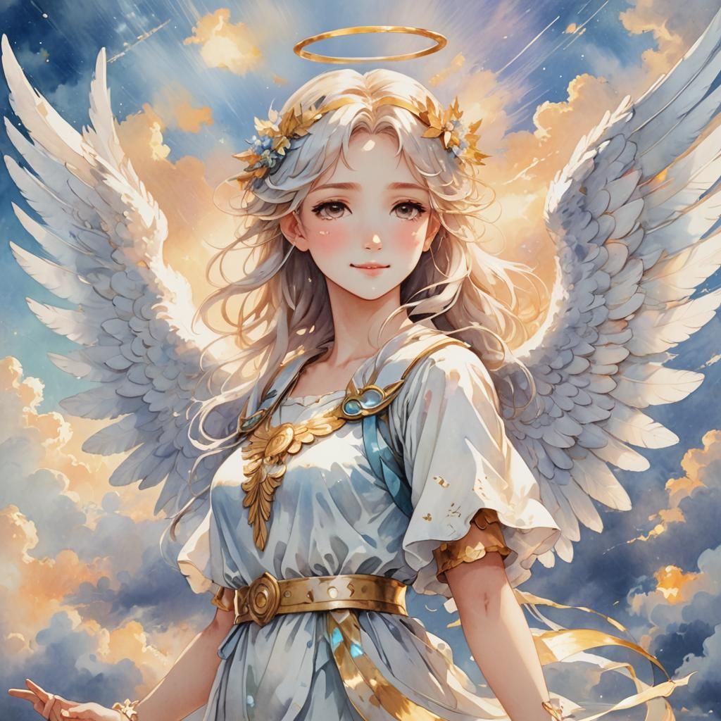 Anime Angel in Watercolor Style with White Wings