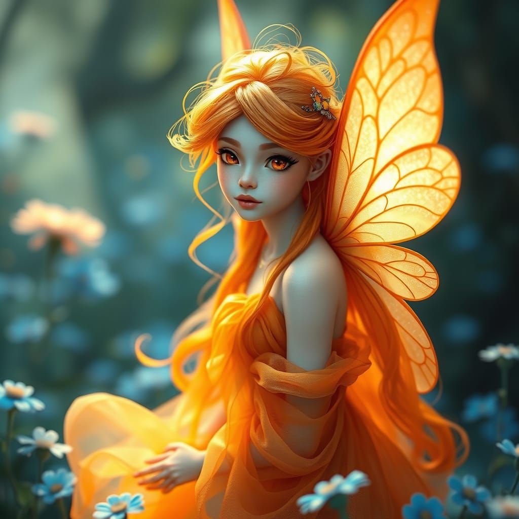 Ethereal Orange Fairy in a Serene Blue Garden