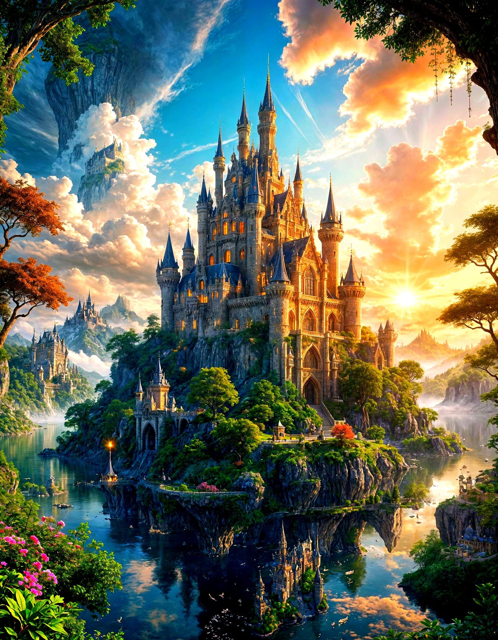 Majestic Castle on Floating Island in Ethereal Mist