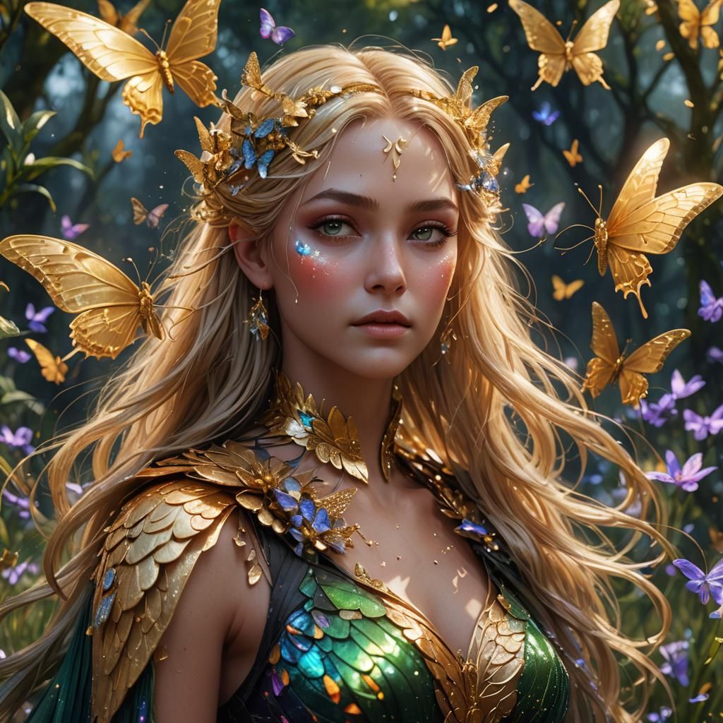 Iridescent Butterfly Goddess Portrait in Spring Field