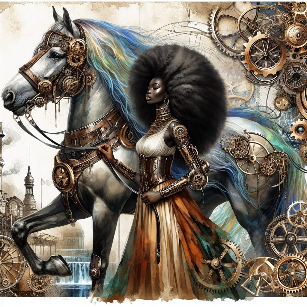 Steampunk African Woman with Horse Watercolor Art
