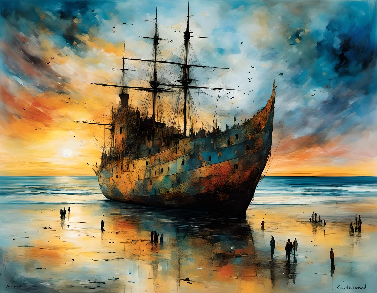 Grounded Ship on Desolate Beach, Watercolor Painting