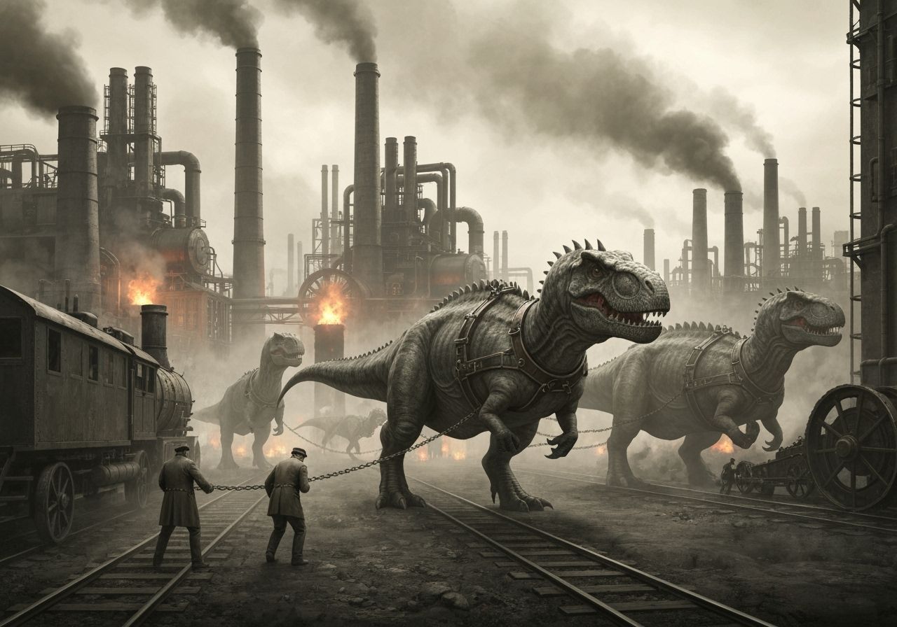 Dinosaurs Powering Steampunk Industry in Sepia Tones