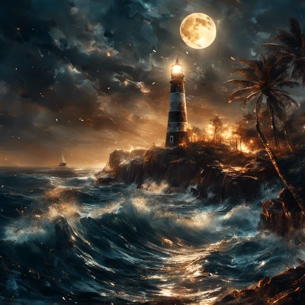 Dramatic Night Ocean Landscape with Sailboat and Lighthouse