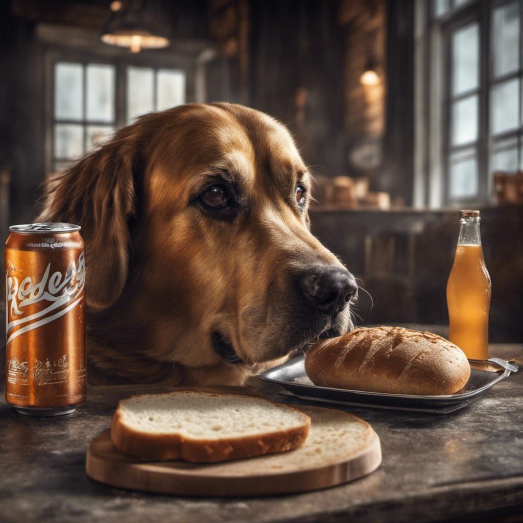 Hyperrealistic Bread, Soda, and Dog in High Definition