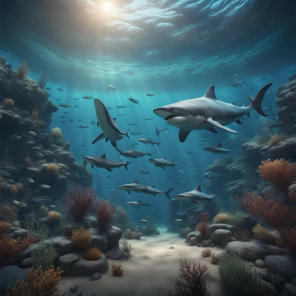 Underwater Scene with Sharks, Whales and Dolphins