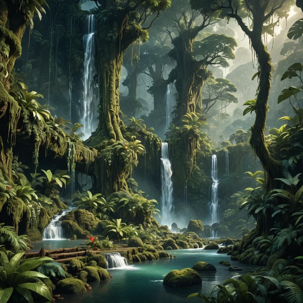 Lush Rainforest Waterfall in Detailed Matte Painting Style