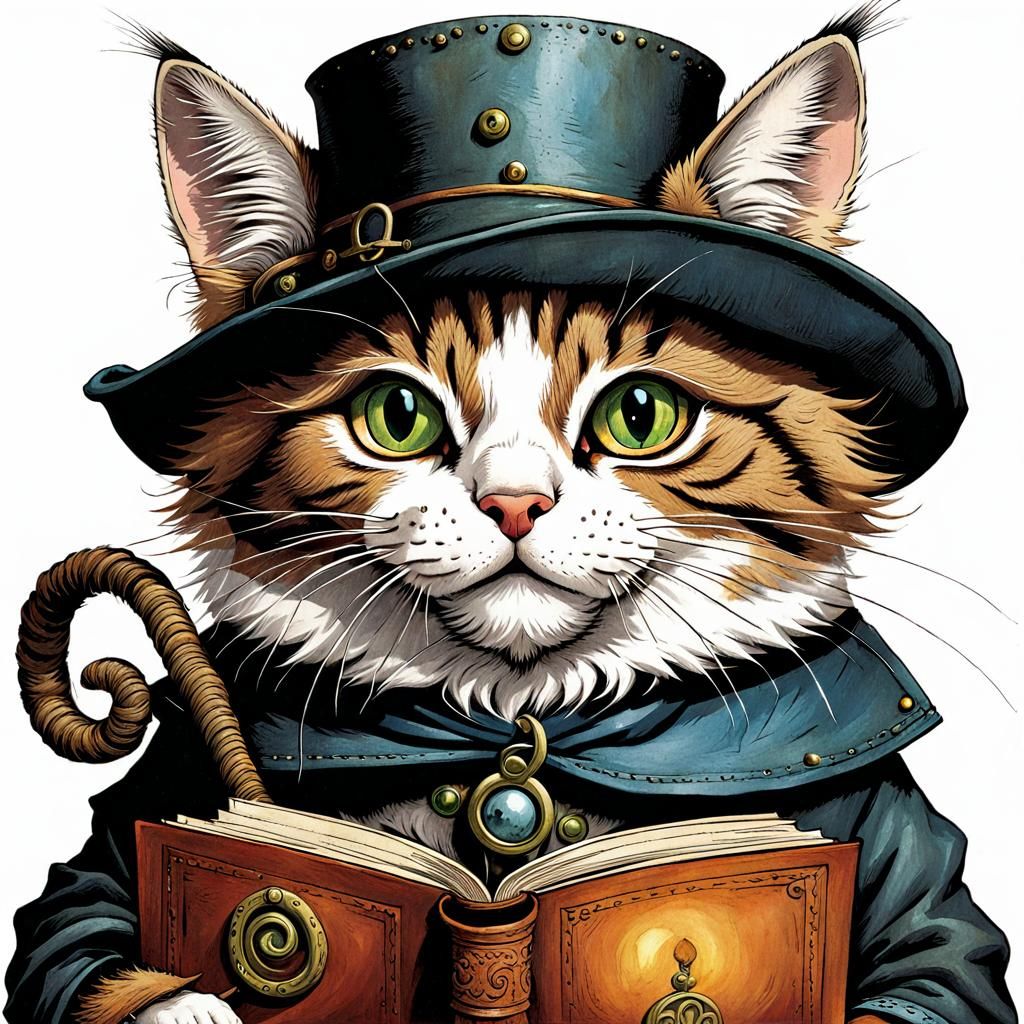 Intricate Cat Reading, Children's Book Illustration