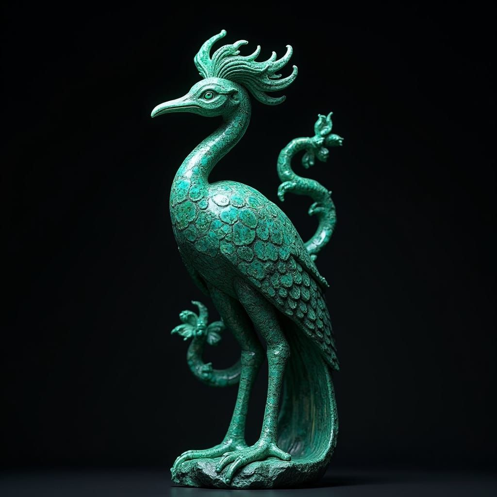 Surreal Malachite Crane Sculpture in Fantasy Concept Art Sty...