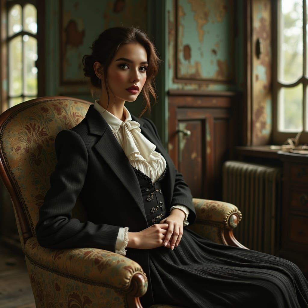 Elegant Victorian Woman in Androgynous Attire, Surrounded by...